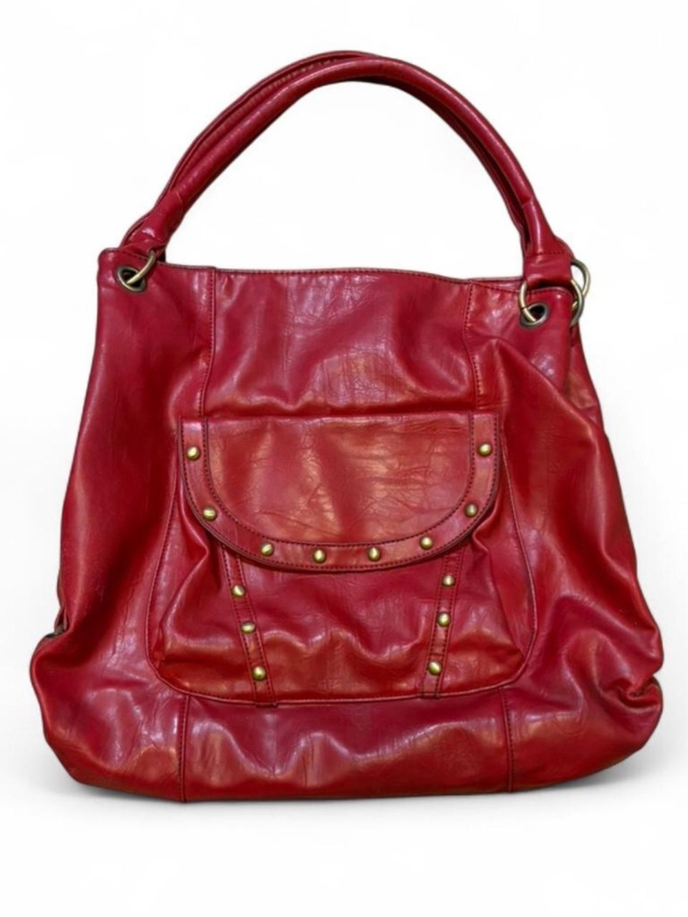 Red leather hobo bag with gold studs